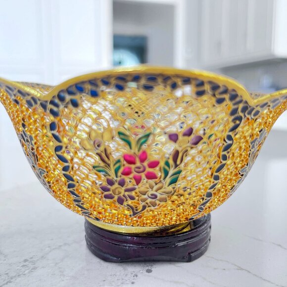 2 Vintage PLIQUE A JOUR Translucent Enamel Cloisonné Flower Bowls Wooden Stand - Picture 7 of 7